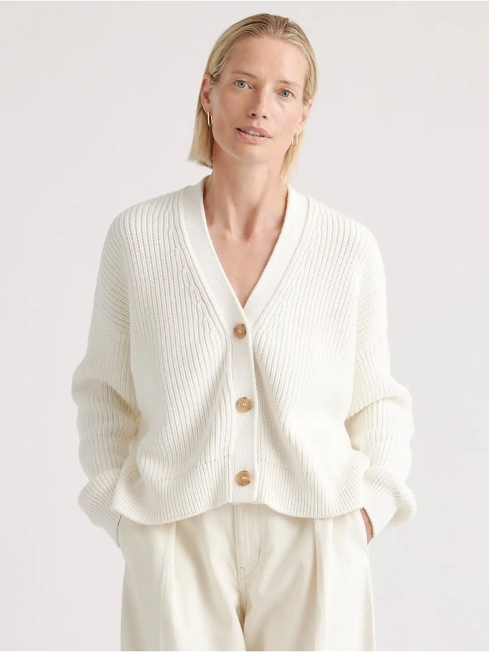 Quince Ribbed V-Neck Button Cardigan